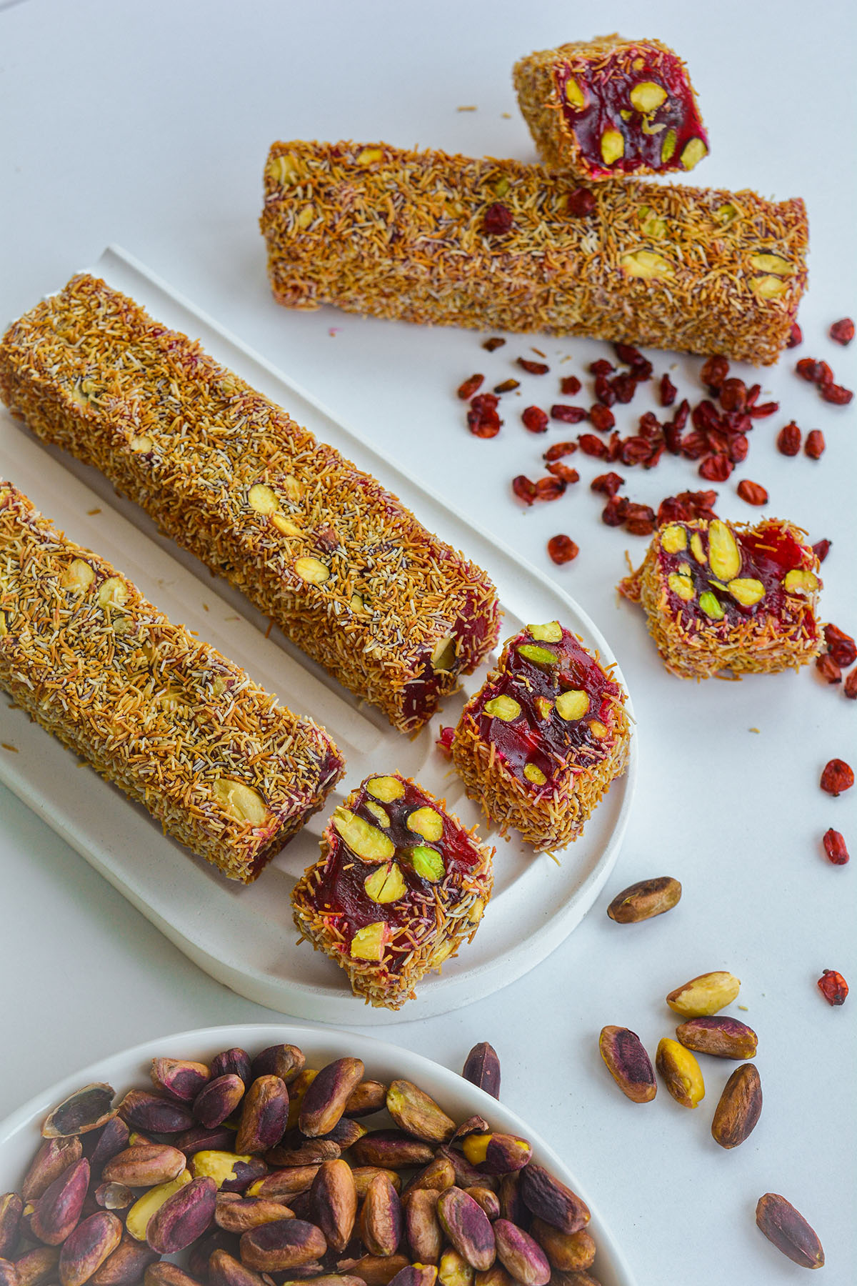 Lomio Delight With Kadaif, Pomegranate And Pistachio